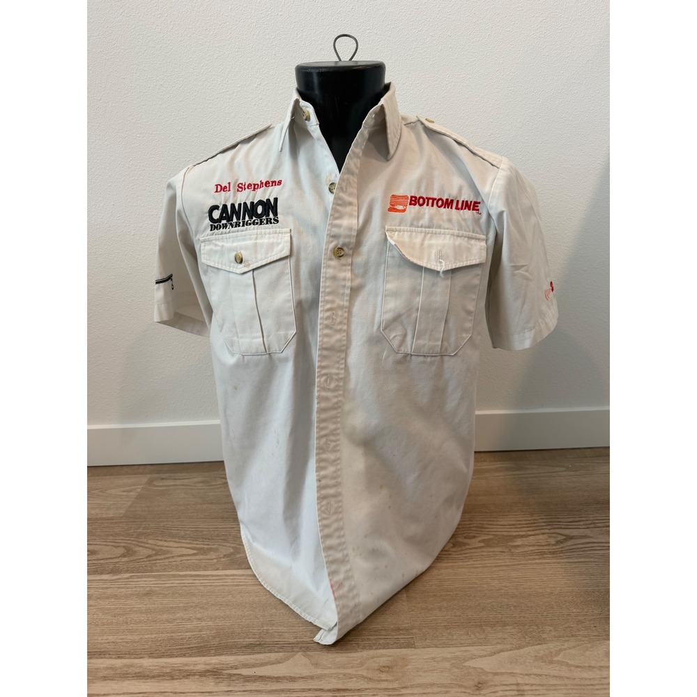 Vintage Bimini Bay Cannon Downriggers Fishing Shirt Mens Medium Bottom Line Tan